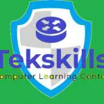 A blue and white shield with tekskills logo